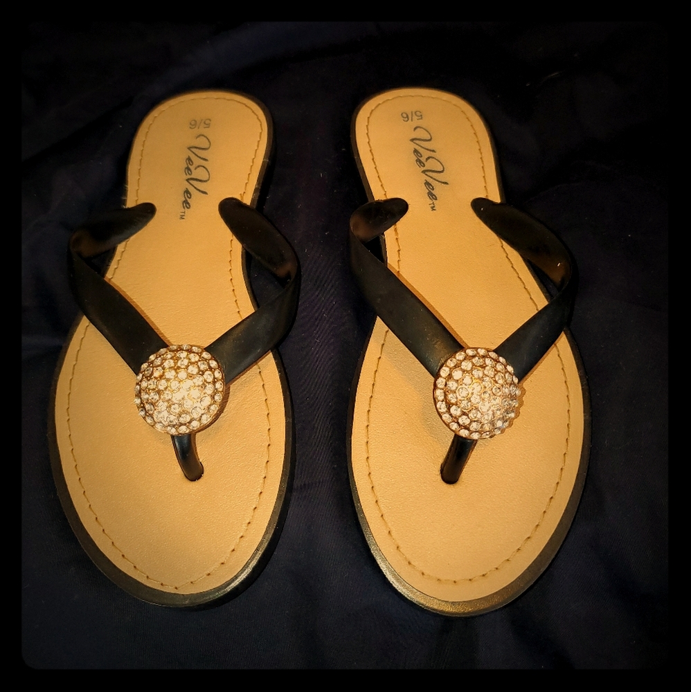 Vee Vee Black Jeweled Flip Flops